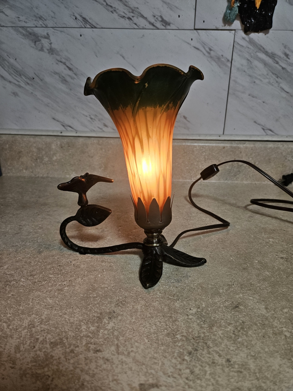 Art Nouveau Style Amber and Green Glass Flower Table Lamp - Unbranded